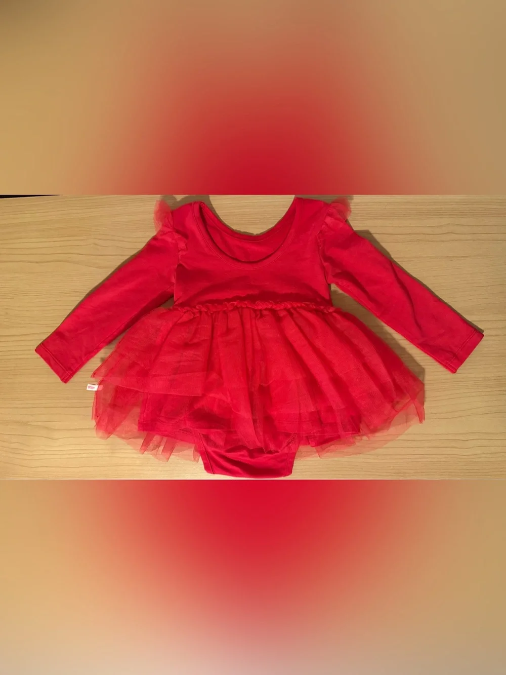 Red Long-Sleeve Tulle Tutu One-Piece Bodysuit